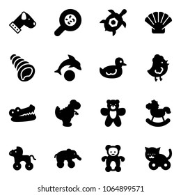 Solid vector icon set - dog vector, bacteria, sea turtle, shell, dolphin, duck toy, chicken, crocodile, dinosaur, bear, rocking horse, wheel, elephant, cat