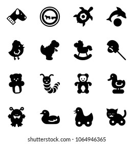Solid vector icon set - dog vector, no cart horse road sign, sea turtle, dolphin, chicken toy, dinosaur, rocking, stick, bear, caterpillar, duck, monster, cat