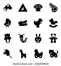 Solid vector icon set - dog vector, wild animals road sign, shell, chicken toy, crocodile, dinosaur, rocking horse, bear, caterpillar, rabbit, unicorn stick, giraffe, duck, cat