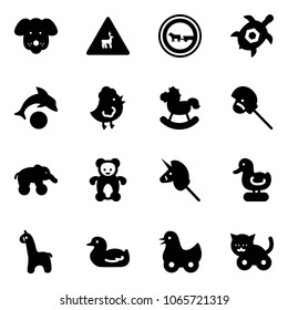 Solid vector icon set - dog vector, wild animals road sign, no cart horse, sea turtle, dolphin, chicken toy, rocking, stick, elephant wheel, bear, unicorn, duck, giraffe, cat