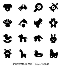 Solid vector icon set - dog vector, bacteria, sea turtle, shell, dolphin, dinosaur toy, bear, rocking horse, wheel, elephant, rabbit, monster, giraffe, duck