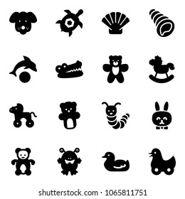 Solid vector icon set - dog vector, sea turtle, shell, dolphin, crocodile, bear toy, rocking horse, wheel, caterpillar, rabbit, monster, duck