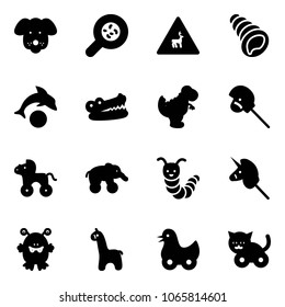 Solid vector icon set - dog vector, bacteria, wild animals road sign, shell, dolphin, crocodile, dinosaur toy, horse stick, wheel, elephant, caterpillar, unicorn, monster, giraffe, duck, cat