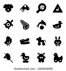 Solid vector icon set - dog vector, bacteria, wild animals road sign, sea turtle, shell, dolphin, duck toy, chicken, crocodile, wheel horse, rabbit, unicorn stick, monster