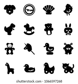 Solid vector icon set - dog vector, no cart horse road sign, shell, chicken toy, dinosaur, rocking, bear, rabbit, unicorn stick, duck, monster, giraffe, cat