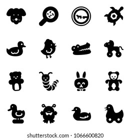Solid vector icon set - dog vector, bacteria, no cart horse road sign, sea turtle, duck toy, chicken, crocodile, wheel, bear, caterpillar, rabbit, monster
