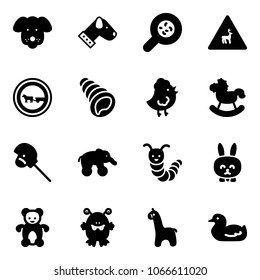 Solid vector icon set - dog vector, bacteria, wild animals road sign, no cart horse, shell, chicken toy, rocking, stick, elephant wheel, caterpillar, rabbit, bear, monster, giraffe, duck