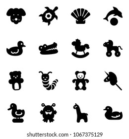 Solid vector icon set - dog vector, sea turtle, shell, dolphin, duck toy, crocodile, rocking horse, wheel, bear, caterpillar, unicorn stick, monster, giraffe