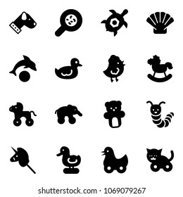 Solid vector icon set - dog vector, bacteria, sea turtle, shell, dolphin, duck toy, chicken, rocking horse, wheel, elephant, bear, caterpillar, unicorn stick, cat