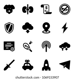 Solid vector icon set - dog vector, kidneys, account history, no horn road sign, shield, download cloud, map pin, lightning, certificate, badminton, antenna, exchange data, clinch, car toy, rocket