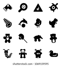 Solid vector icon set - dog vector, bacteria, wild animals road sign, sea turtle, shell, dolphin, chicken toy, dinosaur, bear, horse stick, elephant wheel, caterpillar, monster, duck