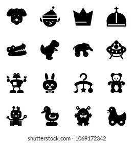 Solid vector icon set - dog vector, christmas elf, crown, crocodile, dinosaur toy, elephant wheel, ufo, robot, rabbit, baby carousel, bear, duck, monster