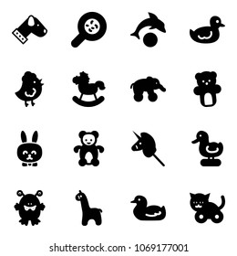 Solid vector icon set - dog vector, bacteria, dolphin, duck toy, chicken, rocking horse, elephant wheel, bear, rabbit, unicorn stick, monster, giraffe, cat