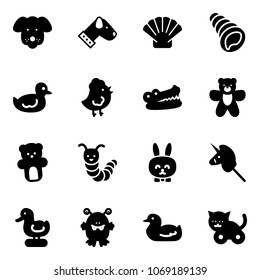 Solid vector icon set - dog vector, shell, duck toy, chicken, crocodile, bear, caterpillar, rabbit, unicorn stick, monster, cat