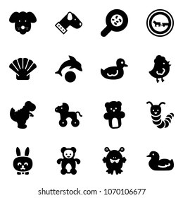 Solid vector icon set - dog vector, bacteria, no cart horse road sign, shell, dolphin, duck toy, chicken, dinosaur, wheel, bear, caterpillar, rabbit, monster