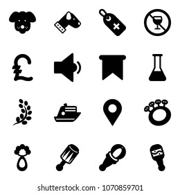 Solid vector icon set - dog vector, medical label, no alcohol sign, pound, low volume, flag, flask, golden branch, cruiser, navigation pin, beanbag