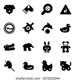 Solid vector icon set - dog vector, bacteria, wild animals road sign, no cart horse, sea turtle, dolphin, duck toy, crocodile, elephant wheel, rabbit, bear, unicorn stick, cat