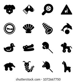Solid vector icon set - dog vector, bacteria, wild animals road sign, no cart horse, shell, dolphin, duck toy, crocodile, stick, wheel, elephant, caterpillar, unicorn, giraffe