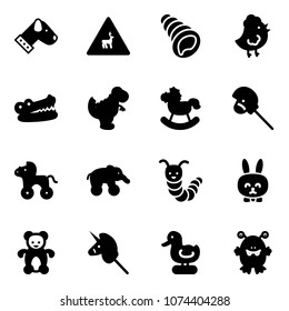Solid vector icon set - dog vector, wild animals road sign, shell, chicken toy, crocodile, dinosaur, rocking horse, stick, wheel, elephant, caterpillar, rabbit, bear, unicorn, duck, monster