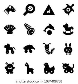 Solid vector icon set - dog vector, bacteria, wild animals road sign, sea turtle, shell, dolphin, rocking horse, wheel, elephant, toy caterpillar, rabbit, monster, giraffe, duck, cat
