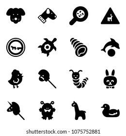 Solid vector icon set - dog vector, bacteria, wild animals road sign, no cart horse, sea turtle, shell, dolphin, chicken toy, stick, caterpillar, rabbit, unicorn, monster, giraffe, duck