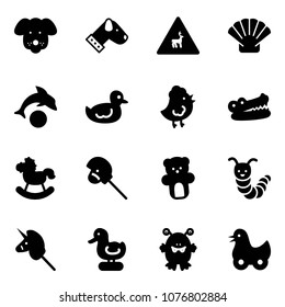 Solid vector icon set - dog vector, wild animals road sign, shell, dolphin, duck toy, chicken, crocodile, rocking horse, stick, bear, caterpillar, unicorn, monster