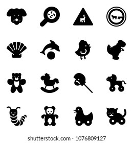 Solid vector icon set - dog vector, bacteria, wild animals road sign, no cart horse, shell, dolphin, chicken toy, dinosaur, bear, rocking, stick, wheel, caterpillar, duck, cat
