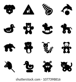 Solid vector icon set - dog vector, wild animals road sign, shell, dolphin, duck toy, bear, rocking horse, wheel, elephant, caterpillar, unicorn stick, monster, cat