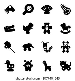 Solid vector icon set - dog vector, bacteria, shell, crocodile, dinosaur toy, bear, rocking horse, stick, elephant wheel, caterpillar, duck, monster, giraffe, cat