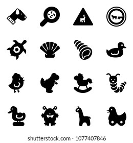 Solid vector icon set - dog vector, bacteria, wild animals road sign, no cart horse, sea turtle, shell, duck toy, chicken, dinosaur, rocking, caterpillar, monster, giraffe