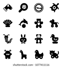 Solid vector icon set - dog vector, bacteria, no cart horse road sign, sea turtle, shell, dolphin, bear toy, wheel, caterpillar, rabbit, duck, monster, giraffe, cat
