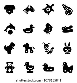 Solid vector icon set - dog vector, sea turtle, shell, dolphin, duck toy, chicken, crocodile, dinosaur, wheel horse, caterpillar, rabbit, bear