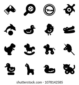 Solid vector icon set - dog vector, bacteria, no cart horse road sign, sea turtle, dolphin, duck toy, chicken, crocodile, dinosaur, rocking, wheel, unicorn stick, giraffe, cat