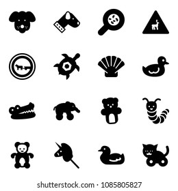 Solid vector icon set - dog vector, bacteria, wild animals road sign, no cart horse, sea turtle, shell, duck toy, crocodile, elephant wheel, bear, caterpillar, unicorn stick, cat