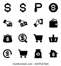 Solid vector icon set - dollar sign vector, ruble, coin, card pay, cash, wallet, purse, money click, cart, basket, reload, bag, home