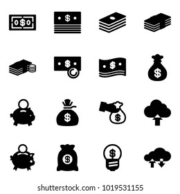 Solid vector icon set - dollar vector, cash, money bag, piggy bank, encashment, upload cloud, business idea, exchange data