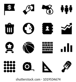 Solid vector icon set - dollar flag vector, cash pay, encashment, group, trash bin, globe, contact book, growth, star medal, ball, binary code, chart, circuit, measuring tape, corner ruler, beanbag