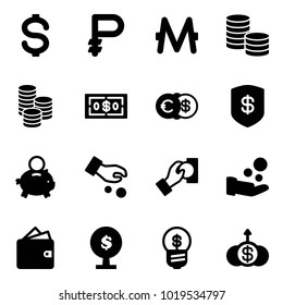Solid vector icon set - dollar vector, ruble, monero, coin, euro, safe, piggy bank, investment, cash pay, wallet, money tree, business idea, growth