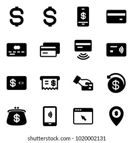 Solid vector icon set - dollar sign vector, mobile payment, credit card, tap pay, receipt, money back, purse, cursor browser, atm map pin