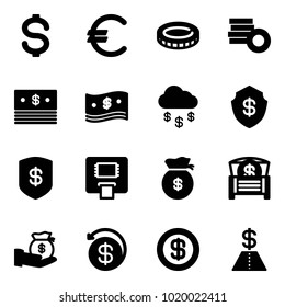 Solid vector icon set - dollar vector, euro, coin, cash, money rain, safe, atm, bag, chest, investment, back