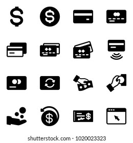 Solid vector icon set - dollar vector, coin, credit card, tap pay, exchange, cash, money back, check, cursor browser