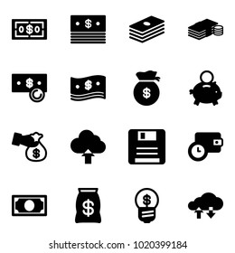 Solid vector icon set - dollar vector, cash, money bag, piggy bank, encashment, upload cloud, save, wallet time, business idea, exchange data