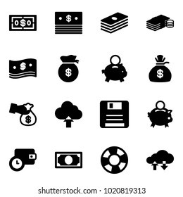 Solid vector icon set - dollar vector, cash, money bag, piggy bank, encashment, upload cloud, save, wallet time, lifebuoy, exchange data