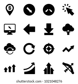 Solid vector icon set - dollar pin vector, detour road sign, cursor, monitor, left arrow, download, upload cloud, refresh, reload, target, growth, arrows up, rise, bow