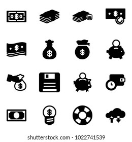 Solid vector icon set - dollar vector, cash, money bag, piggy bank, encashment, save, wallet time, business idea, lifebuoy, cloud exchange data