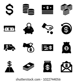 Solid vector icon set - dollar vector, coin, big cash, piggy bank, investment, money back, encashment car, check, bag, mail