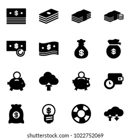 Solid vector icon set - dollar vector, cash, money bag, piggy bank, upload cloud, wallet time, business idea, lifebuoy, exchange data