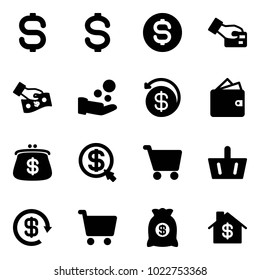 Solid vector icon set - dollar sign vector, coin, card pay, cash, money back, wallet, purse, click, cart, basket, reload, bag, home