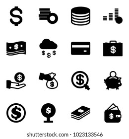 Solid vector icon set - dollar vector, coin, cash, money rain, credit card, case, investment, encashment, click, piggy bank, tree, finance management
