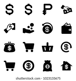 Solid vector icon set - dollar sign vector, ruble, cash pay, money back, wallet, purse, cart, basket, reload, bag, home